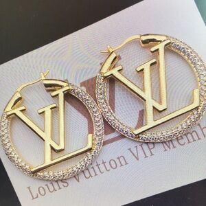 Gold Logo Hoop Earrings with Crystal Pavé Accents